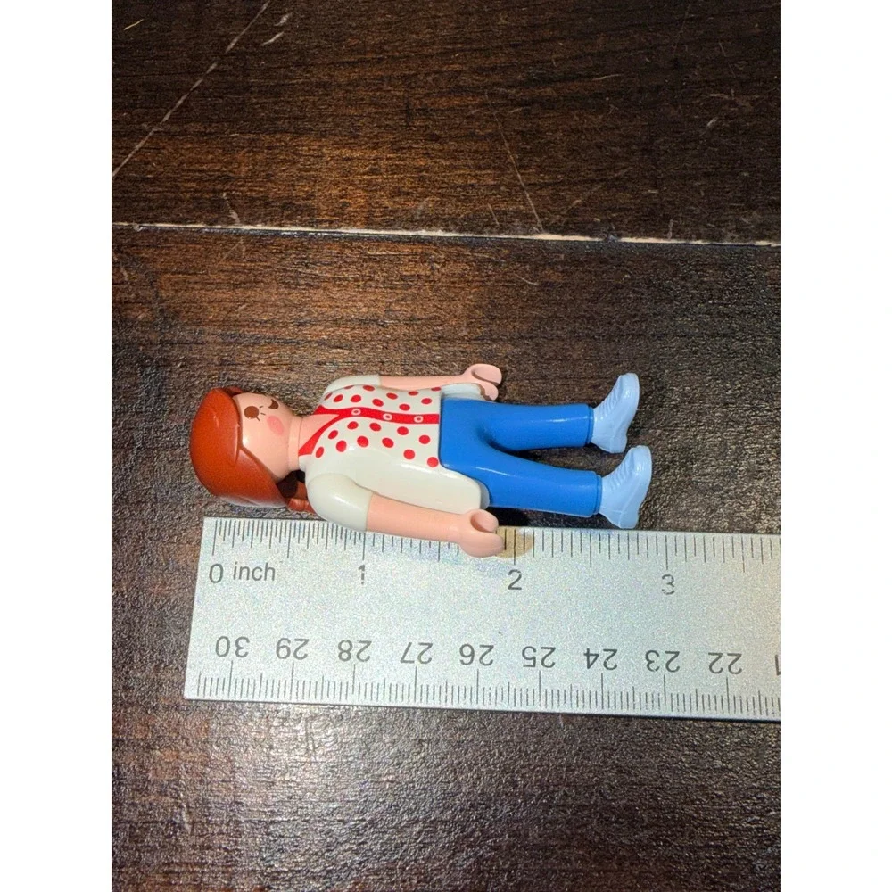 Playmobil Female Figure‎ Brown Hair Polka Dot Shirt Blue Pants Vintage Toy